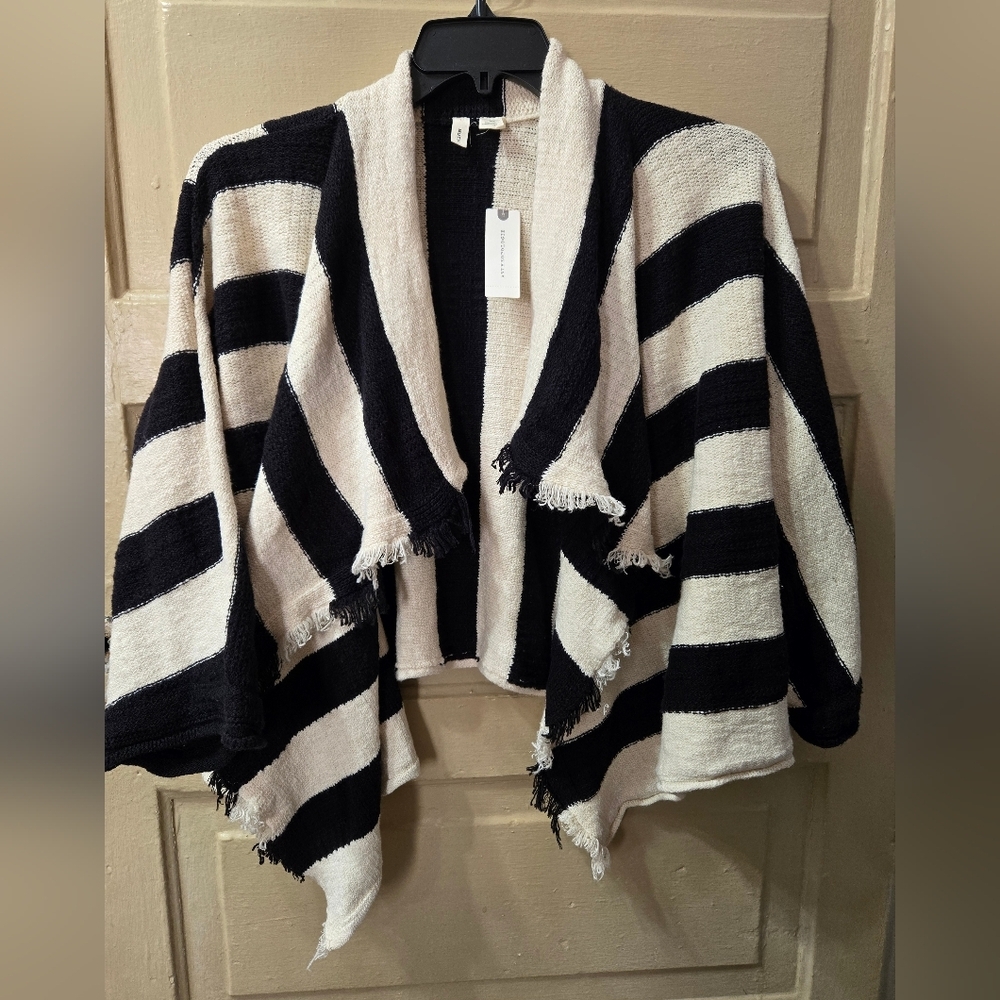 Anthropologie Moth Striped Cotton Blend Open Front Fringe Trim Cardigan L/M NWT